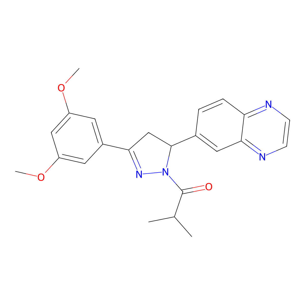 1-[3-(3,5-dimethoxyphenyl)-5-(quinoxalin-6-yl)-4,5-dihydro-1H-pyrazol-1-yl]-2-methylpropan-1-one molecular structure, CAS 1787868-50-1