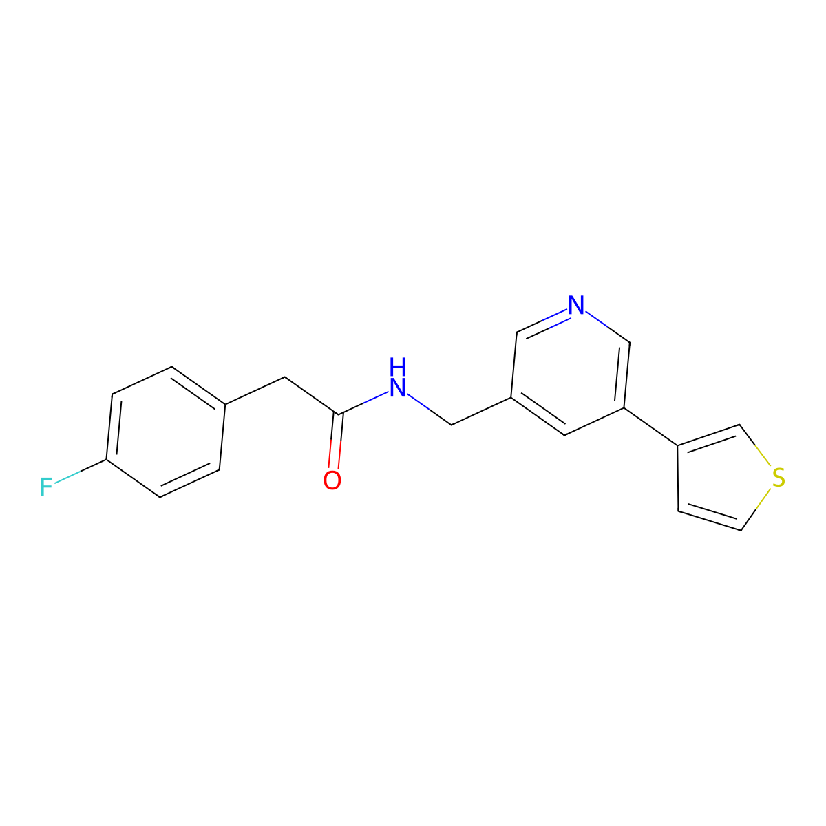 2-(4-fluorophenyl)-N-((5-(thiophen-3-yl)pyridin-3-yl)methyl)acetamide molecular structure, CAS 1787878-67-4