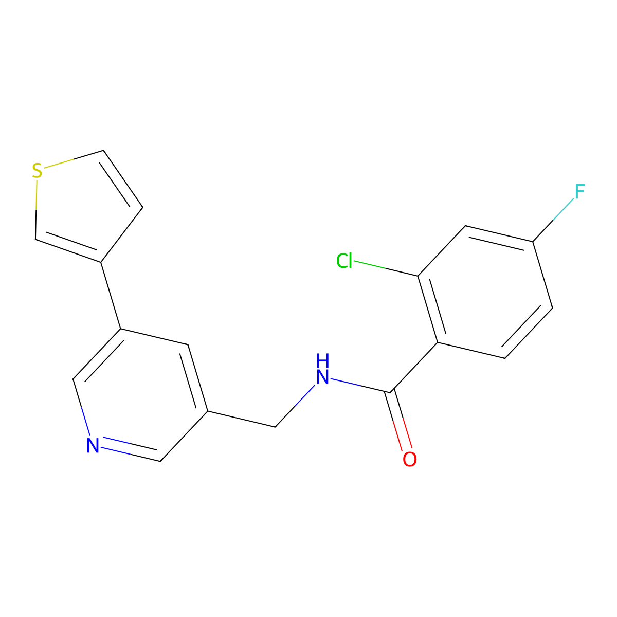 2-chloro-4-fluoro-N-{[5-(thiophen-3-yl)pyridin-3-yl]methyl}benzamide molecular structure, CAS 1787878-82-3
