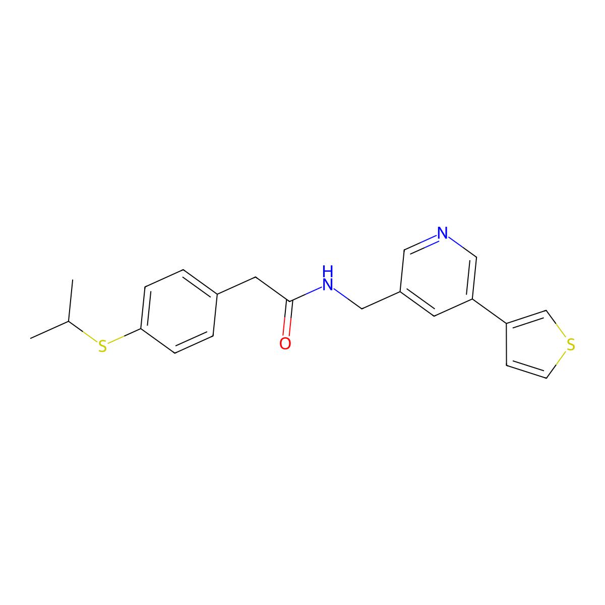 2-(4-(isopropylthio)phenyl)-N-((5-(thiophen-3-yl)pyridin-3-yl)methyl)acetamide molecular structure, CAS 1787878-87-8