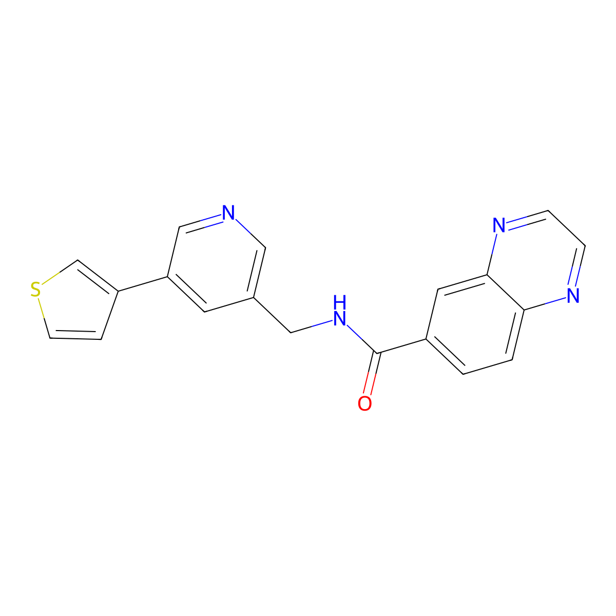 N-((5-(thiophen-3-yl)pyridin-3-yl)methyl)quinoxaline-6-carboxamide molecular structure, CAS 1787879-30-4