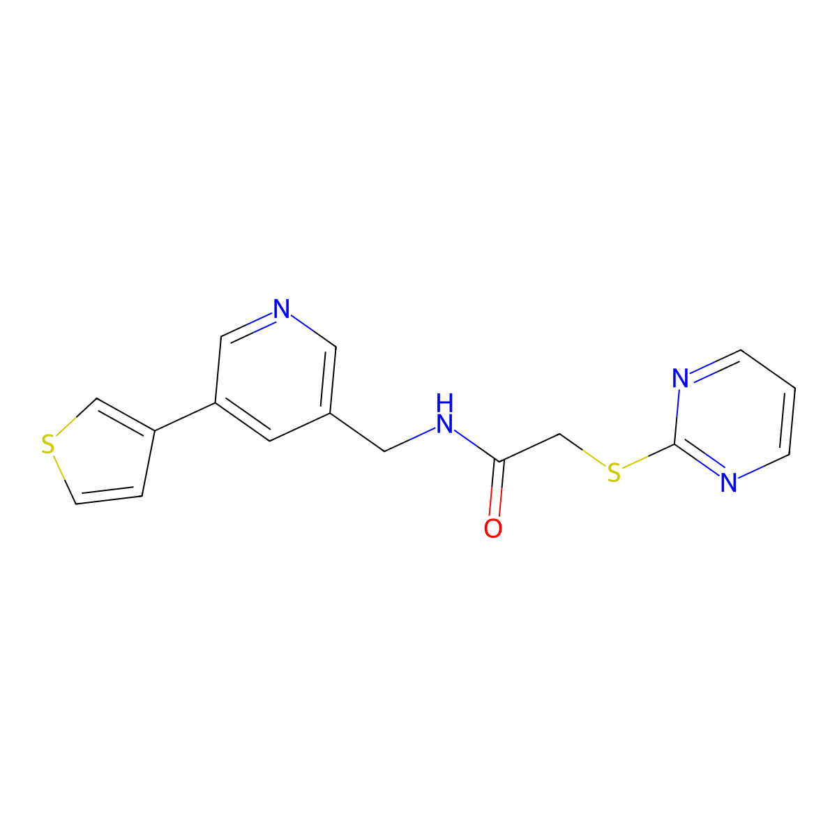 2-(pyrimidin-2-ylthio)-N-((5-(thiophen-3-yl)pyridin-3-yl)methyl)acetamide molecular structure, CAS 1787879-35-9