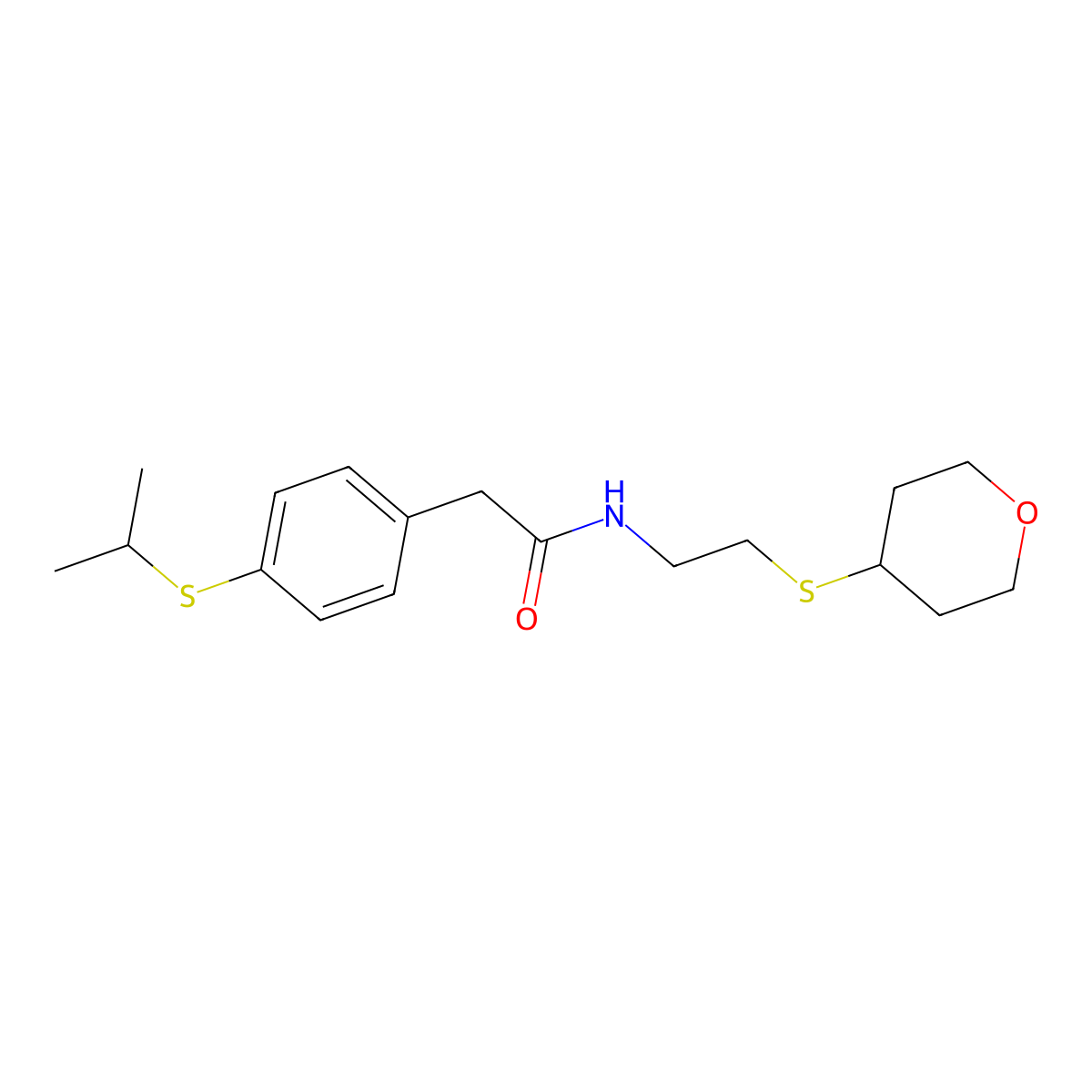 2-(4-(isopropylthio)phenyl)-N-(2-((tetrahydro-2H-pyran-4-yl)thio)ethyl)acetamide molecular structure, CAS 1787879-51-9