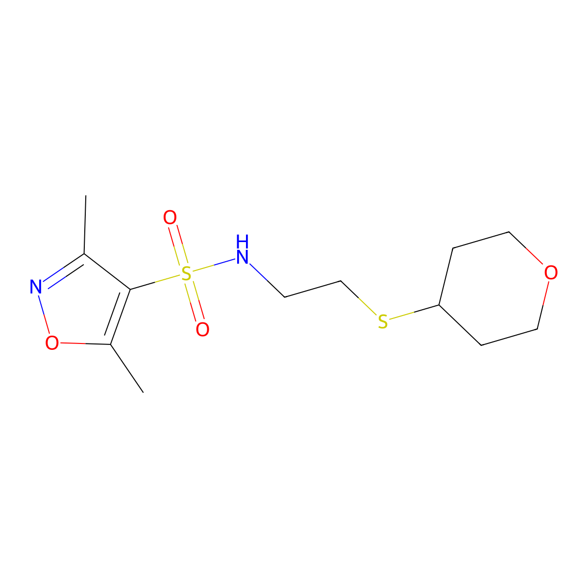 3,5-dimethyl-N-(2-((tetrahydro-2H-pyran-4-yl)thio)ethyl)isoxazole-4-sulfonamide molecular structure, CAS 1787879-58-6