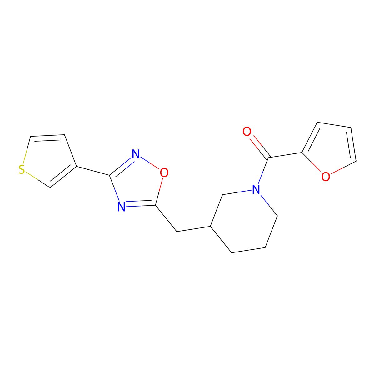 Furan-2-yl(3-((3-(thiophen-3-yl)-1,2,4-oxadiazol-5-yl)methyl)piperidin-1-yl)methanone molecular structure, CAS 1787879-90-6
