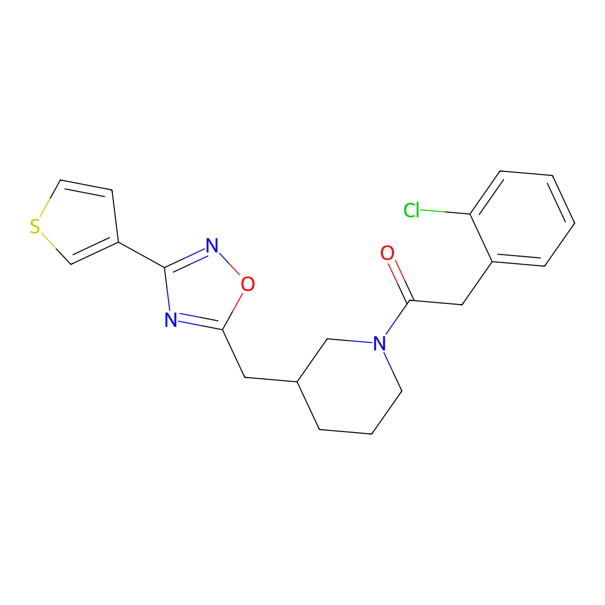 2-(2-Chlorophenyl)-1-(3-((3-(thiophen-3-yl)-1,2,4-oxadiazol-5-yl)methyl)piperidin-1-yl)ethanone molecular structure, CAS 1787879-94-0