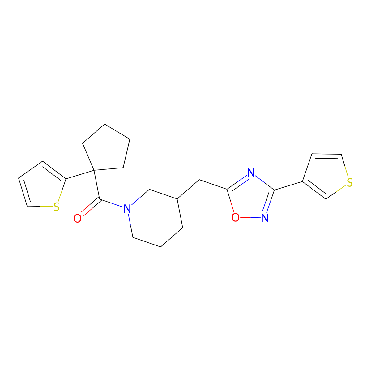(1-(Thiophen-2-yl)cyclopentyl)(3-((3-(thiophen-3-yl)-1,2,4-oxadiazol-5-yl)methyl)piperidin-1-yl)methanone molecular structure, CAS 1787879-97-3