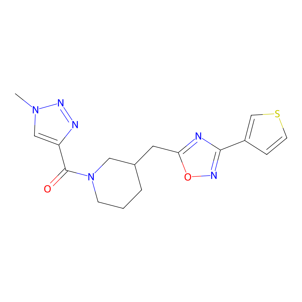 (1-methyl-1H-1,2,3-triazol-4-yl)(3-((3-(thiophen-3-yl)-1,2,4-oxadiazol-5-yl)methyl)piperidin-1-yl)methanone molecular structure, CAS 1787880-00-5