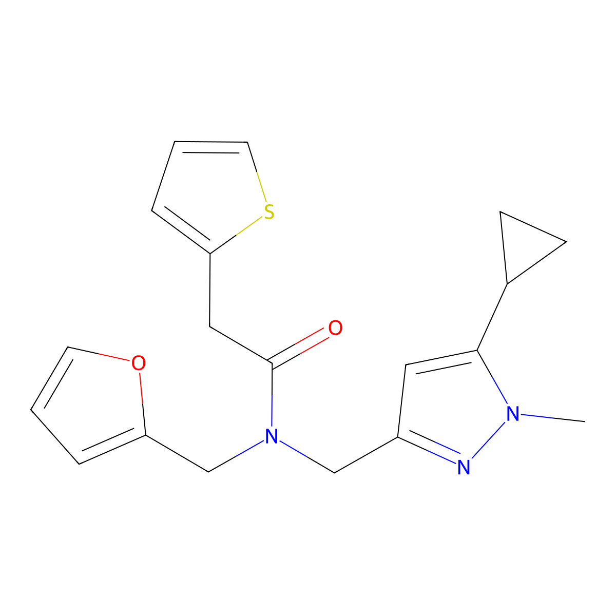 N-((5-cyclopropyl-1-methyl-1H-pyrazol-3-yl)methyl)-N-(furan-2-ylmethyl)-2-(thiophen-2-yl)acetamide molecular structure, CAS 1787880-07-2