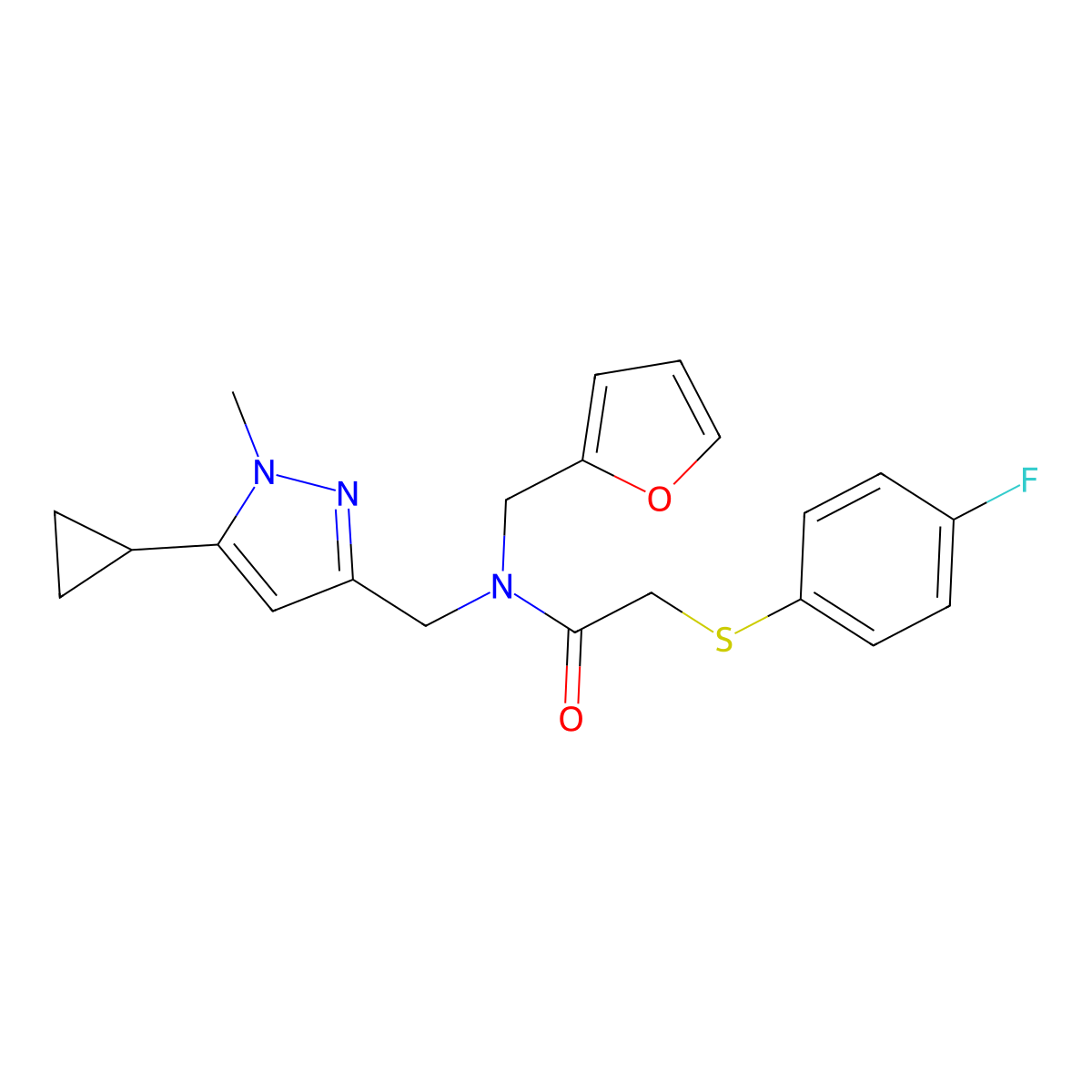 N-((5-cyclopropyl-1-methyl-1H-pyrazol-3-yl)methyl)-2-((4-fluorophenyl)thio)-N-(furan-2-ylmethyl)acetamide molecular structure, CAS 1787880-11-8