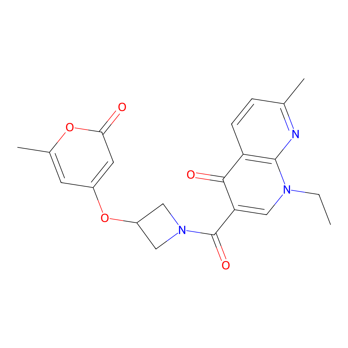 1-ethyl-7-methyl-3-(3-((6-methyl-2-oxo-2H-pyran-4-yl)oxy)azetidine-1-carbonyl)-1,8-naphthyridin-4(1H)-one molecular structure, CAS 1787880-17-4