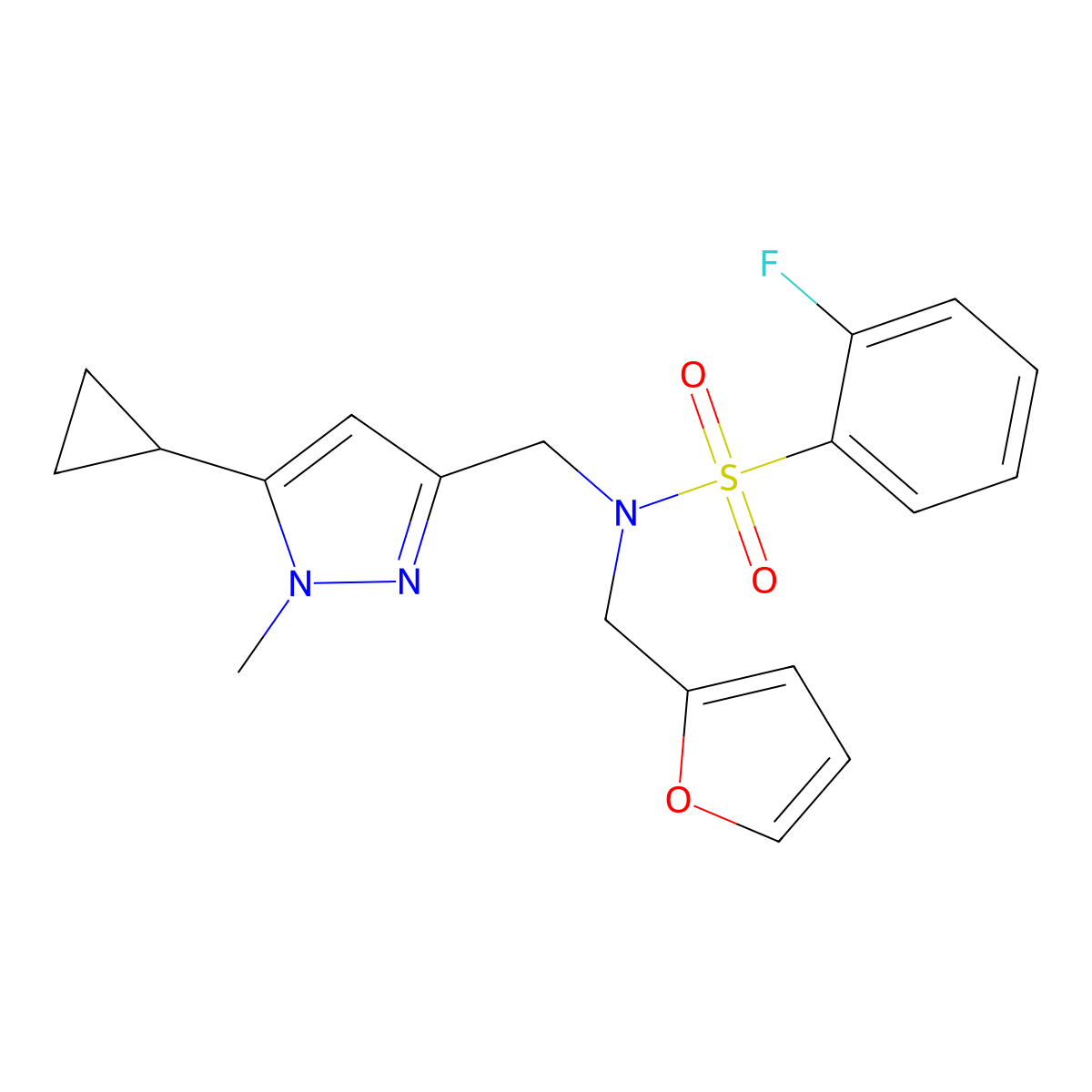 N-((5-cyclopropyl-1-methyl-1H-pyrazol-3-yl)methyl)-2-fluoro-N-(furan-2-ylmethyl)benzenesulfonamide molecular structure, CAS 1787880-18-5