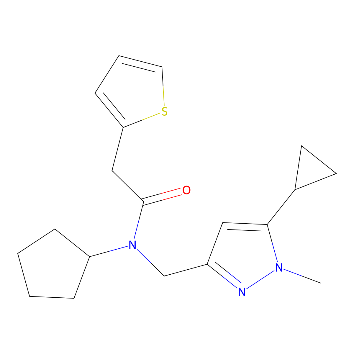 N-cyclopentyl-N-[(5-cyclopropyl-1-methyl-1H-pyrazol-3-yl)methyl]-2-(thiophen-2-yl)acetamide molecular structure, CAS 1787880-23-2