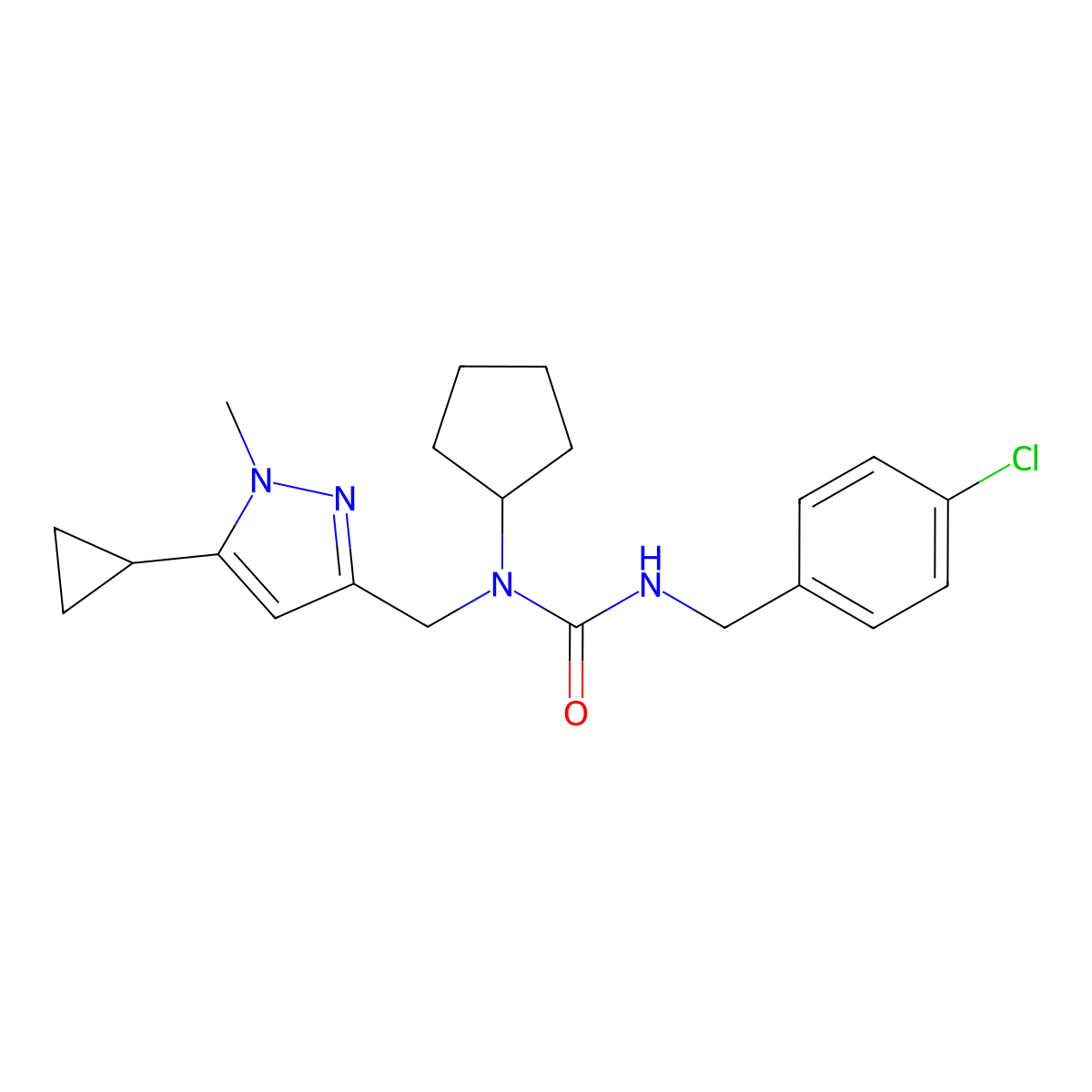 3-(4-chlorobenzyl)-1-cyclopentyl-1-((5-cyclopropyl-1-methyl-1H-pyrazol-3-yl)methyl)urea molecular structure, CAS 1787880-34-5