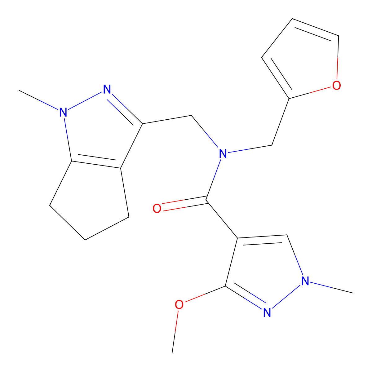 N-(furan-2-ylmethyl)-3-methoxy-1-methyl-N-((1-methyl-1,4,5,6-tetrahydrocyclopenta[c]pyrazol-3-yl)methyl)-1H-pyrazole-4-carboxamide molecular structure, CAS 1787880-38-9