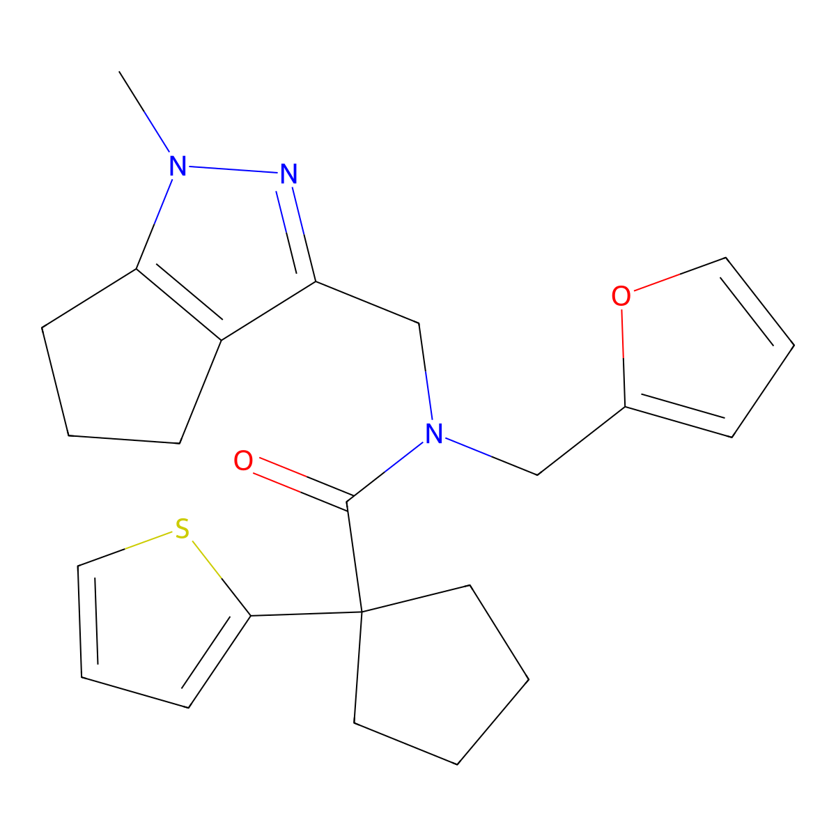 N-(furan-2-ylmethyl)-N-((1-methyl-1,4,5,6-tetrahydrocyclopenta[c]pyrazol-3-yl)methyl)-1-(thiophen-2-yl)cyclopentanecarboxamide molecular structure, CAS 1787880-40-3