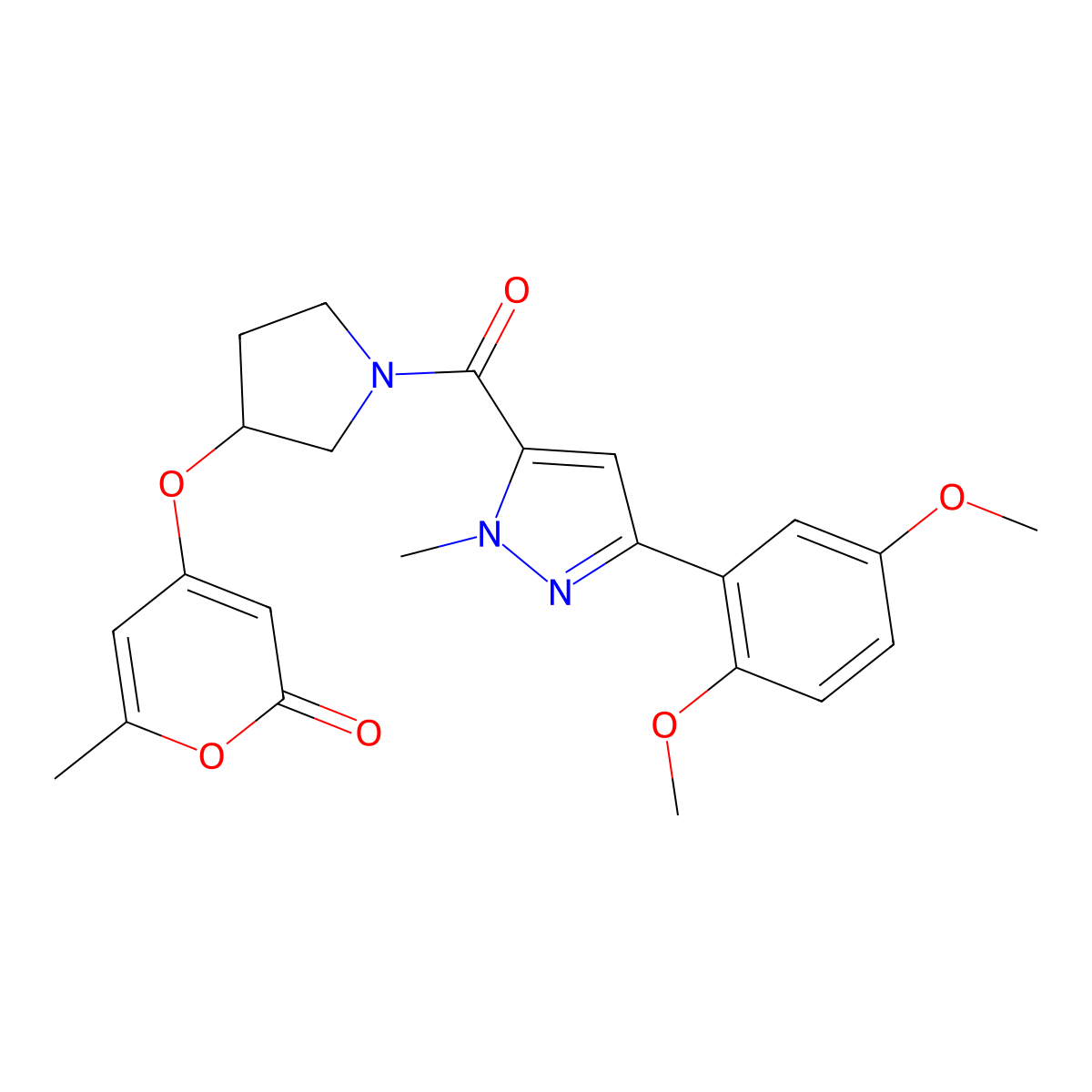 4-((1-(3-(2,5-dimethoxyphenyl)-1-methyl-1H-pyrazole-5-carbonyl)pyrrolidin-3-yl)oxy)-6-methyl-2H-pyran-2-one molecular structure, CAS 1787880-42-5