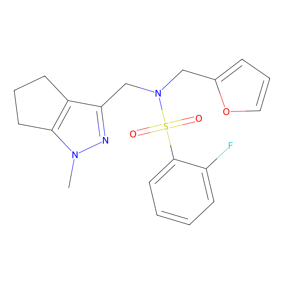 2-fluoro-N-(furan-2-ylmethyl)-N-((1-methyl-1,4,5,6-tetrahydrocyclopenta[c]pyrazol-3-yl)methyl)benzenesulfonamide molecular structure, CAS 1787880-43-6