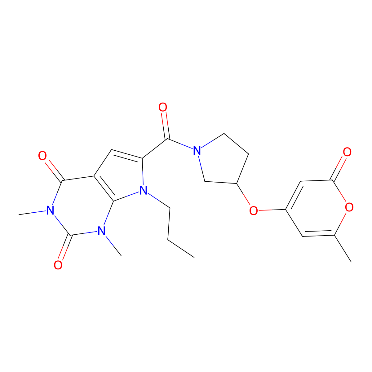 1,3-dimethyl-6-(3-((6-methyl-2-oxo-2H-pyran-4-yl)oxy)pyrrolidine-1-carbonyl)-7-propyl-1H-pyrrolo[2,3-d]pyrimidine-2,4(3H,7H)-dione molecular structure, CAS 1787880-44-7