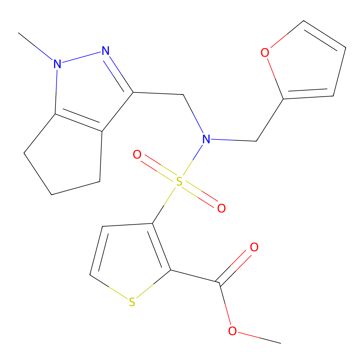 methyl 3-(N-(furan-2-ylmethyl)-N-((1-methyl-1,4,5,6-tetrahydrocyclopenta[c]pyrazol-3-yl)methyl)sulfamoyl)thiophene-2-carboxylate molecular structure, CAS 1787880-48-1