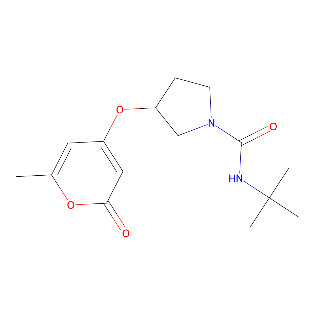 N-(tert-butyl)-3-((6-methyl-2-oxo-2H-pyran-4-yl)oxy)pyrrolidine-1-carboxamide molecular structure, CAS 1787880-54-9