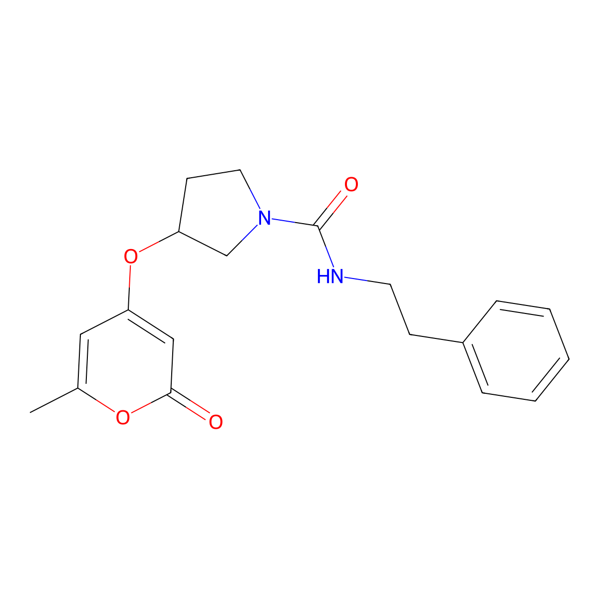 3-((6-methyl-2-oxo-2H-pyran-4-yl)oxy)-N-phenethylpyrrolidine-1-carboxamide molecular structure, CAS 1787880-59-4
