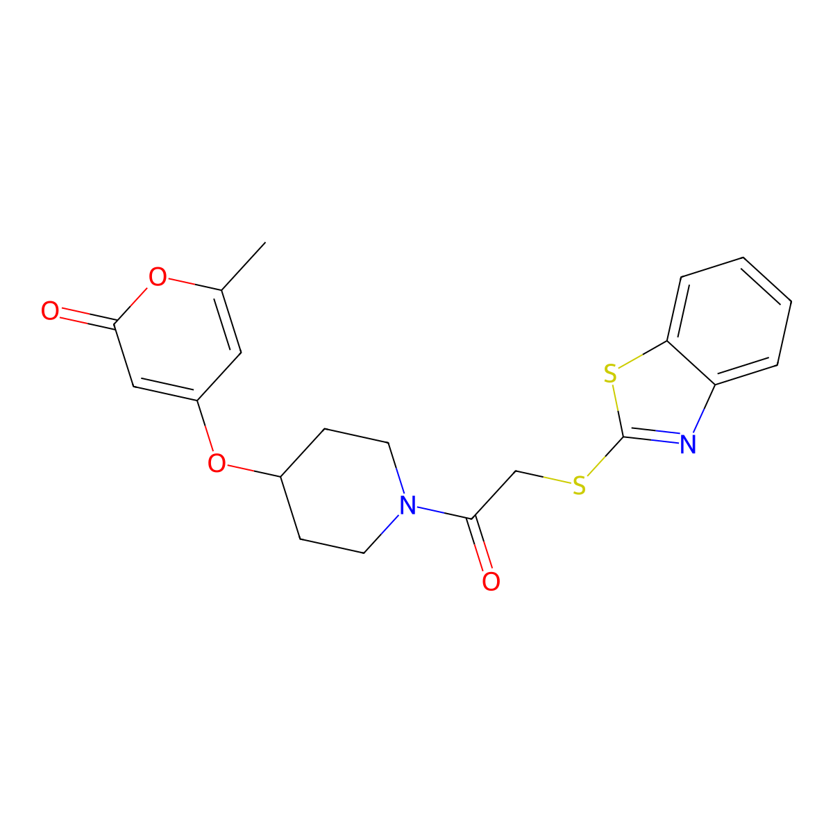 4-((1-(2-(benzo[d]thiazol-2-ylthio)acetyl)piperidin-4-yl)oxy)-6-methyl-2H-pyran-2-one molecular structure, CAS 1787880-85-6