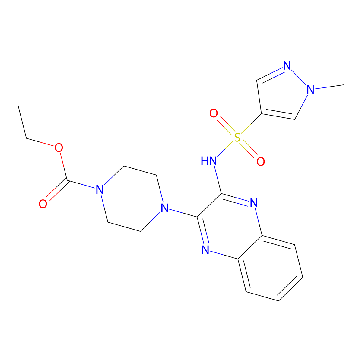 ethyl 4-(3-(1-methyl-1H-pyrazole-4-sulfonamido)quinoxalin-2-yl)piperazine-1-carboxylate molecular structure, CAS 1787880-97-0