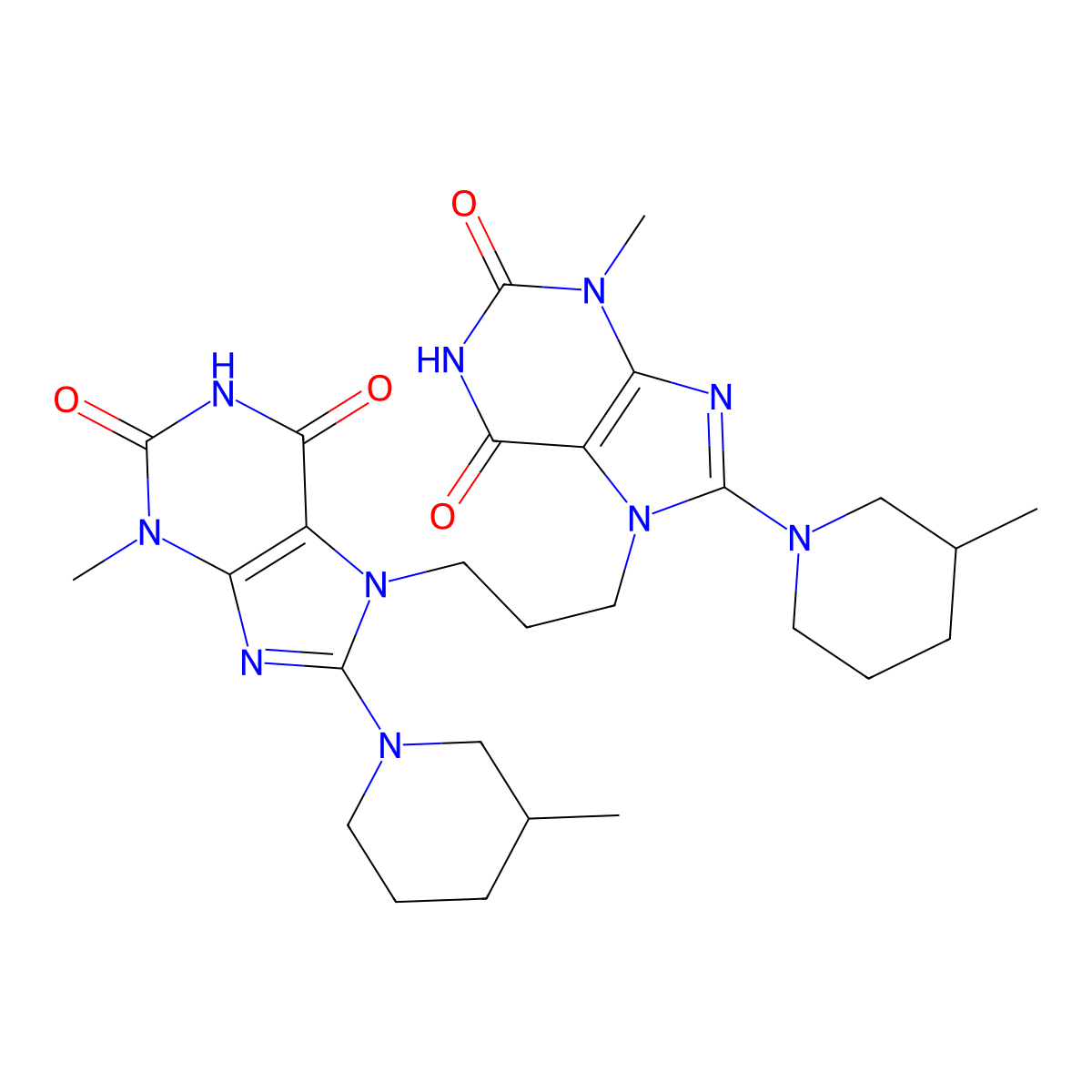 3-methyl-7-{3-[3-methyl-8-(3-methylpiperidin-1-yl)-2,6-dioxo-2,3,6,7-tetrahydro-1H-purin-7-yl]propyl}-8-(3-methylpiperidin-1-yl)-2,3,6,7-tetrahydro-1H-purine-2,6-dione molecular structure, CAS 1787896-55-2
