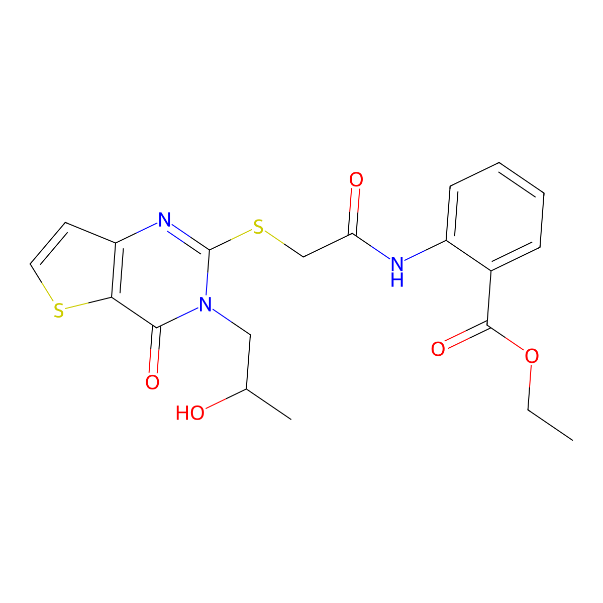 Ethyl 2-(2-((3-(2-hydroxypropyl)-4-oxo-3,4-dihydrothieno[3,2-d]pyrimidin-2-yl)thio)acetamido)benzoate molecular structure, CAS 1787902-76-4