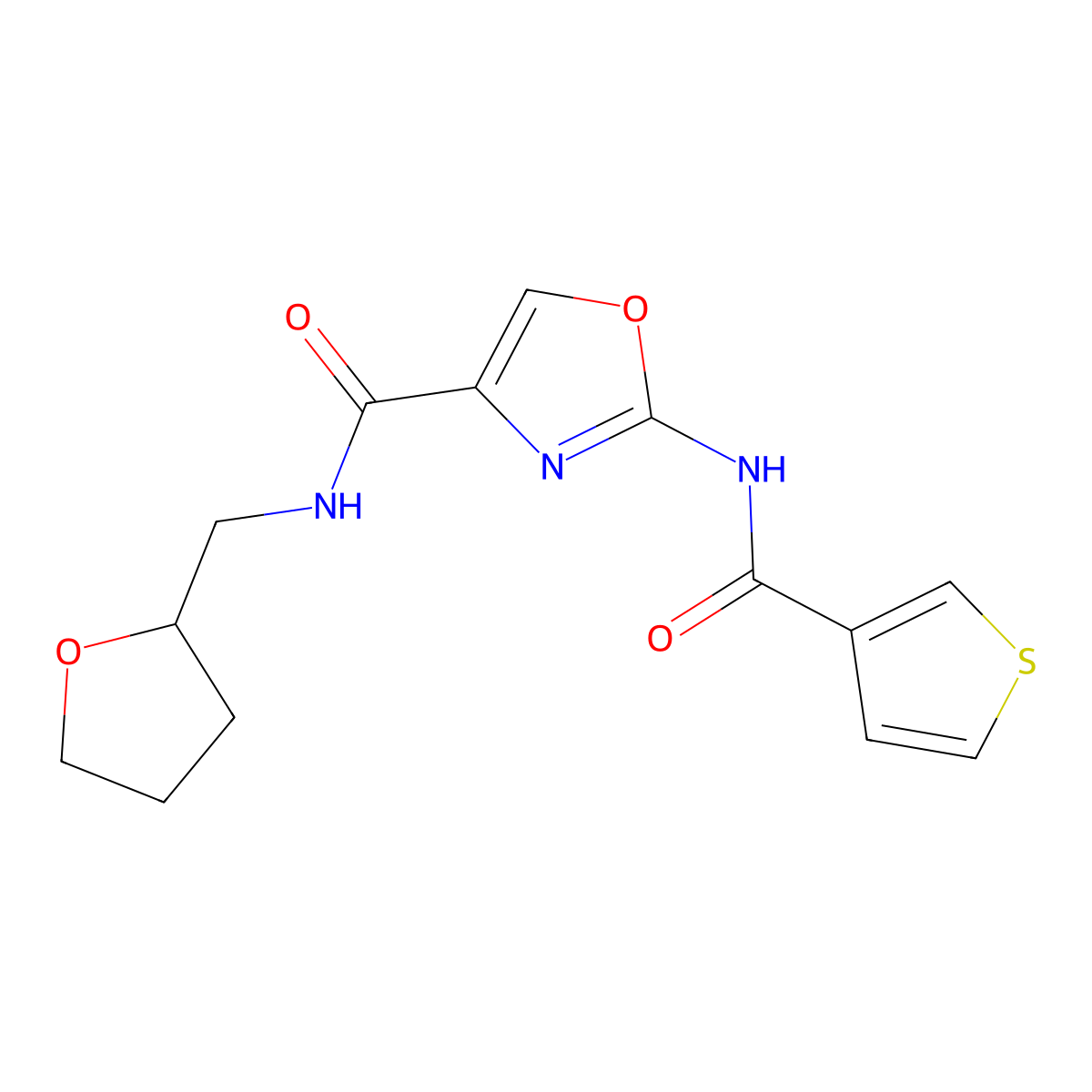 N-((tetrahydrofuran-2-yl)methyl)-2-(thiophene-3-carboxamido)oxazole-4-carboxamide molecular structure, CAS 1787903-14-3