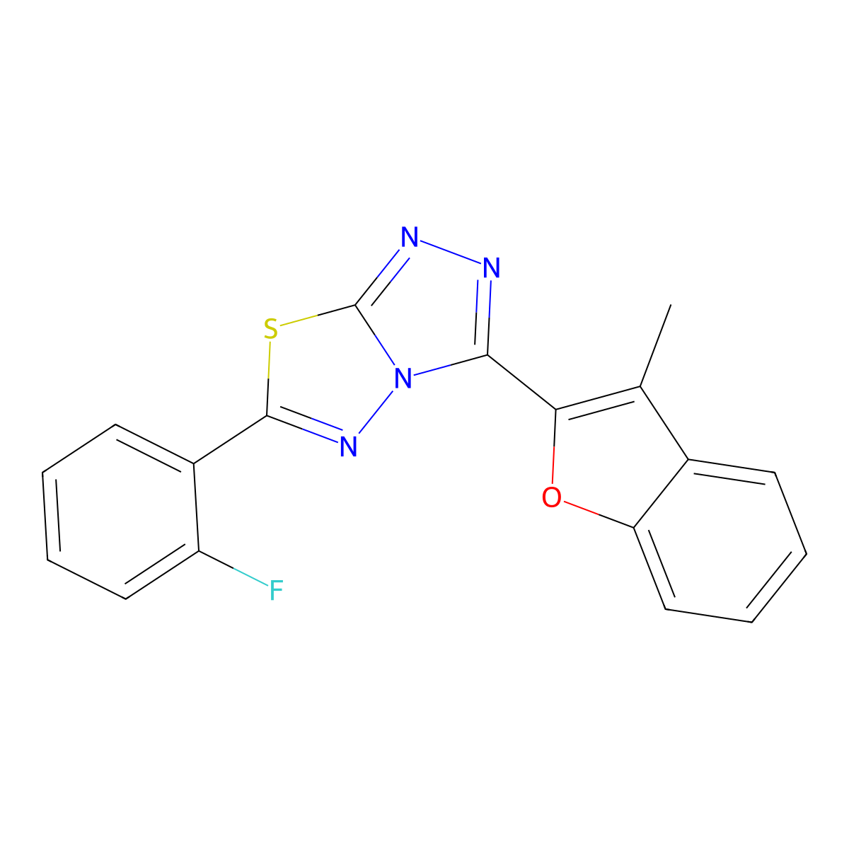 6-(2-Fluorophenyl)-3-(3-methyl-1-benzofuran-2-yl)[1,2,4]triazolo[3,4-b][1,3,4]thiadiazole molecular structure, CAS 1787904-65-7