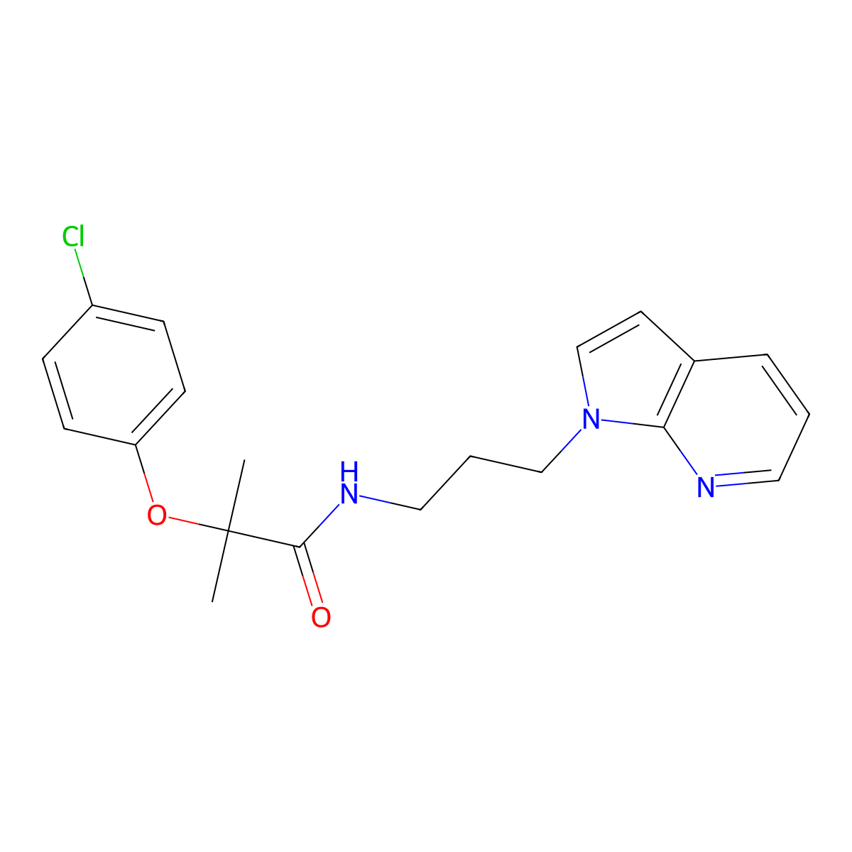 N-(3-(1H-pyrrolo[2,3-b]pyridin-1-yl)propyl)-2-(4-chlorophenoxy)-2-methylpropanamide molecular structure, CAS 1787914-37-7