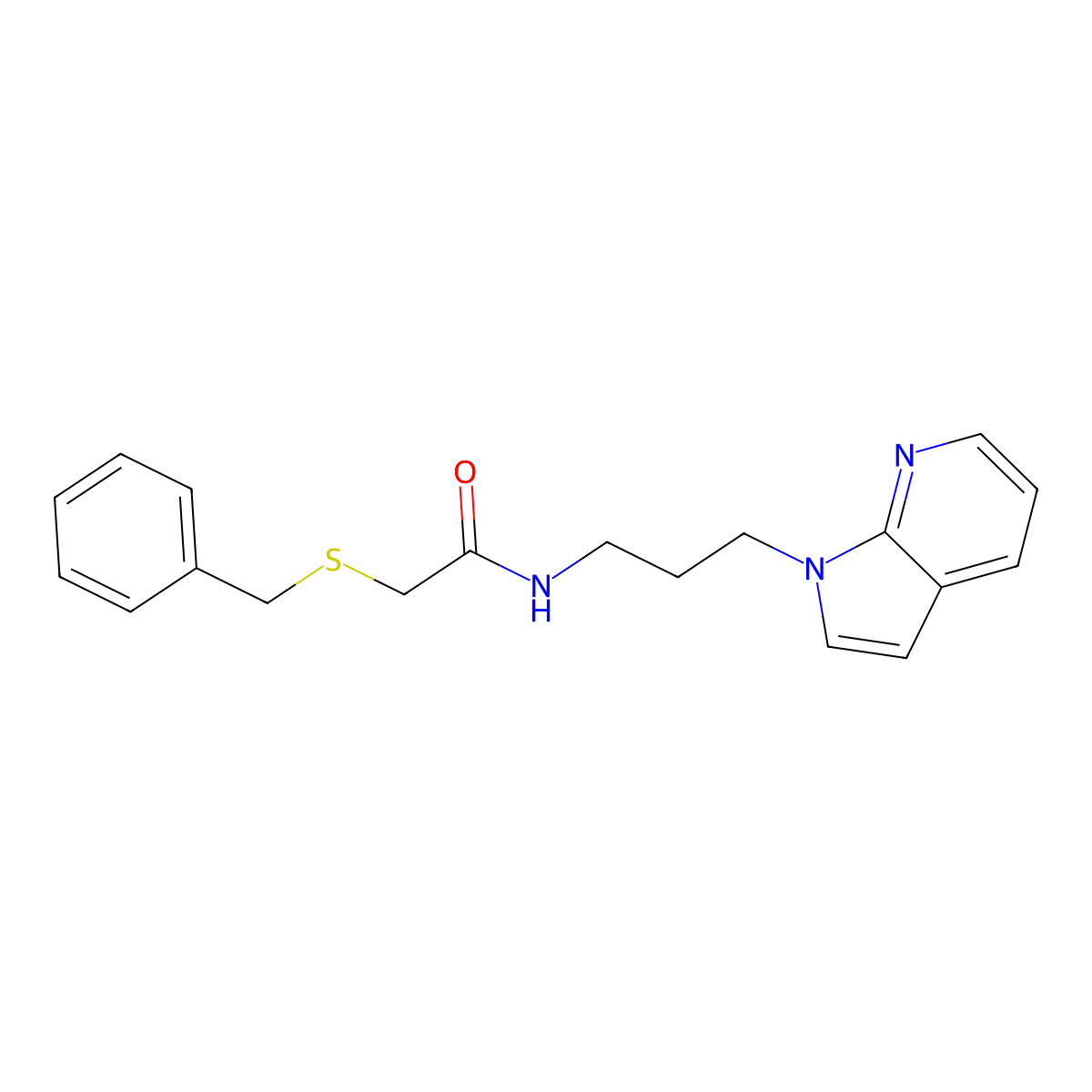 N-(3-(1H-pyrrolo[2,3-b]pyridin-1-yl)propyl)-2-(benzylthio)acetamide molecular structure, CAS 1787914-40-2