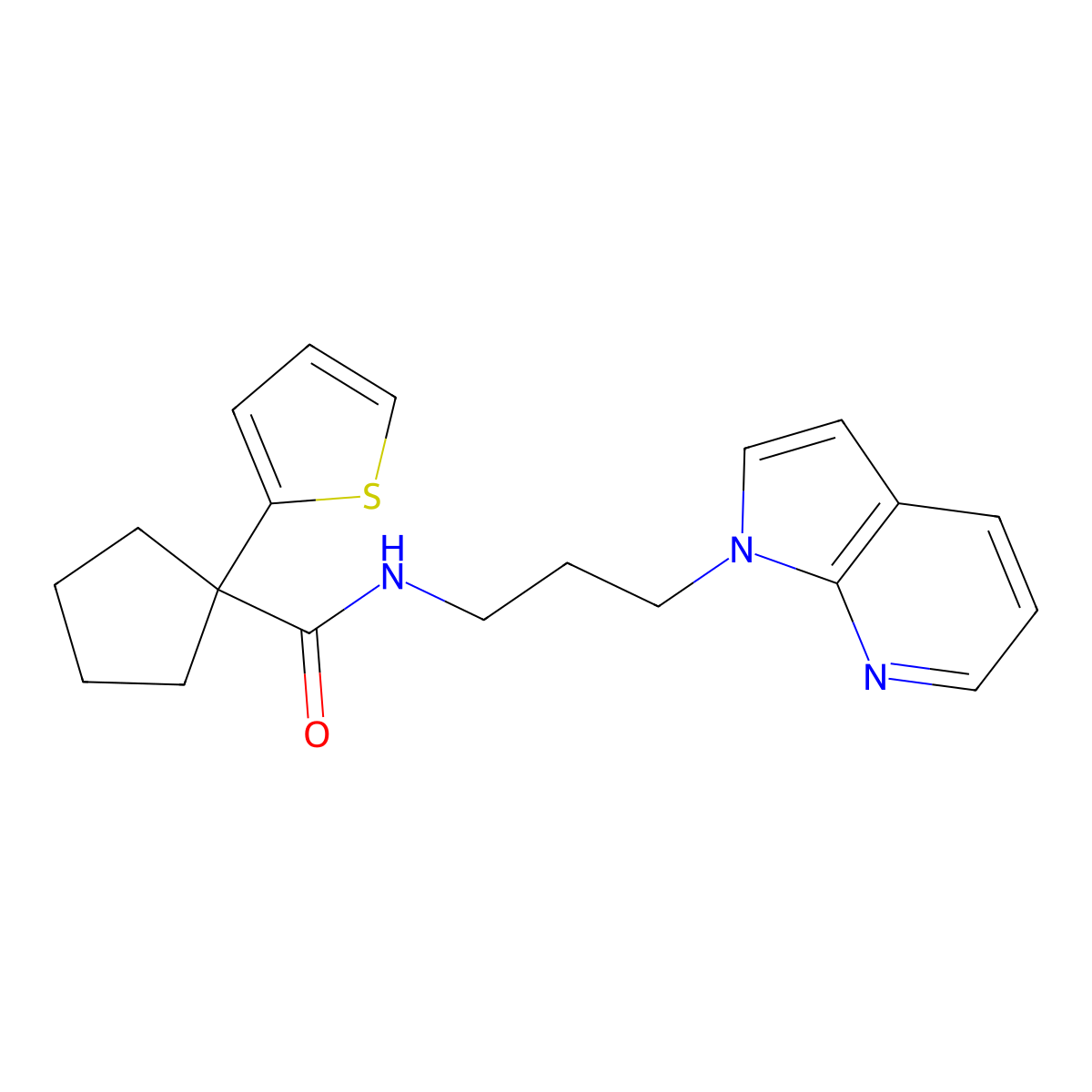 N-(3-(1H-pyrrolo[2,3-b]pyridin-1-yl)propyl)-1-(thiophen-2-yl)cyclopentanecarboxamide molecular structure, CAS 1787914-53-7