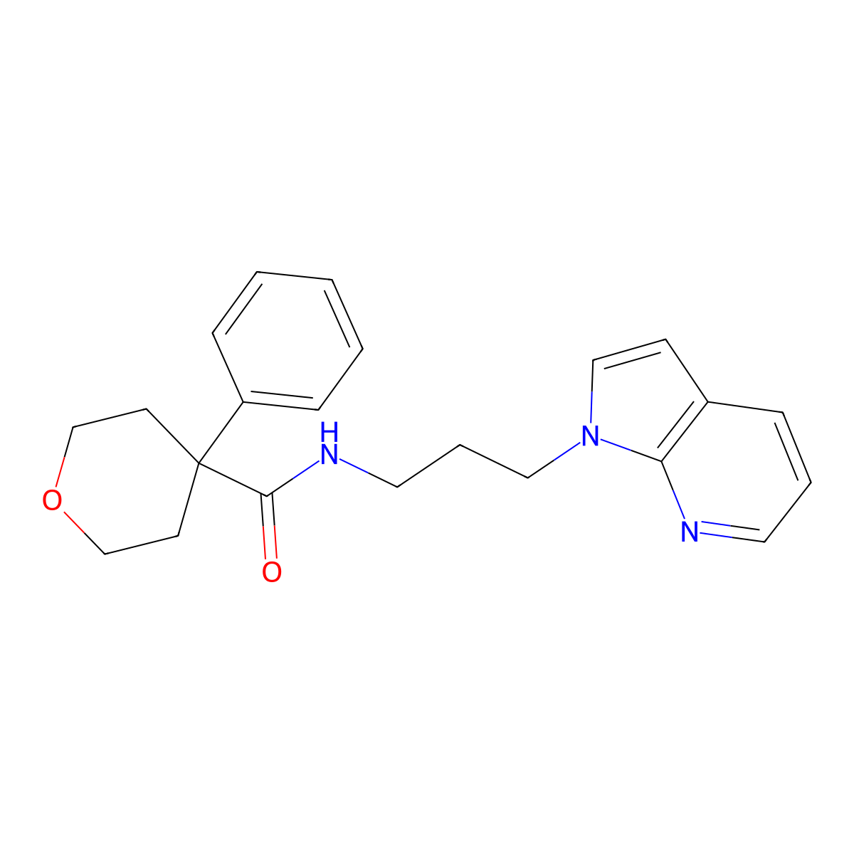 N-(3-(1H-pyrrolo[2,3-b]pyridin-1-yl)propyl)-4-phenyltetrahydro-2H-pyran-4-carboxamide molecular structure, CAS 1787914-59-3
