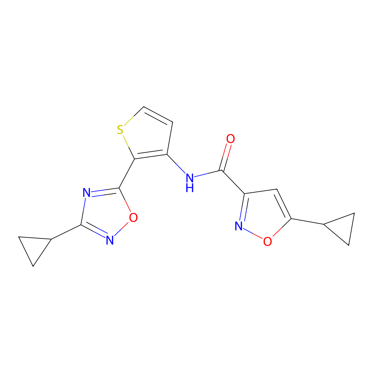 5-cyclopropyl-N-(2-(3-cyclopropyl-1,2,4-oxadiazol-5-yl)thiophen-3-yl)isoxazole-3-carboxamide molecular structure, CAS 1787915-43-8