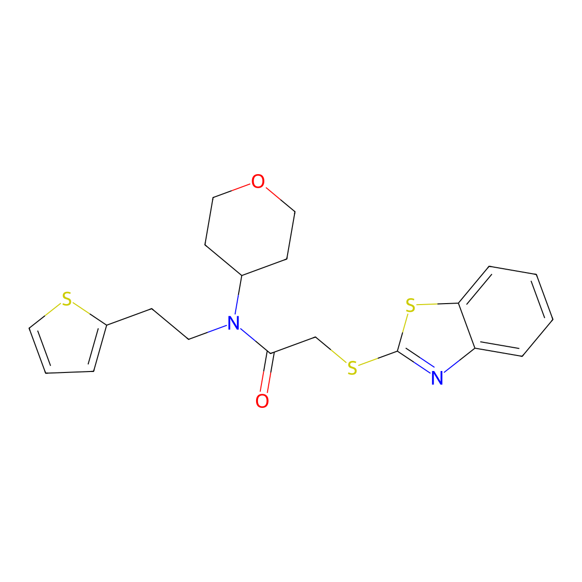 2-(benzo[d]thiazol-2-ylthio)-N-(tetrahydro-2H-pyran-4-yl)-N-(2-(thiophen-2-yl)ethyl)acetamide molecular structure, CAS 1787915-73-4