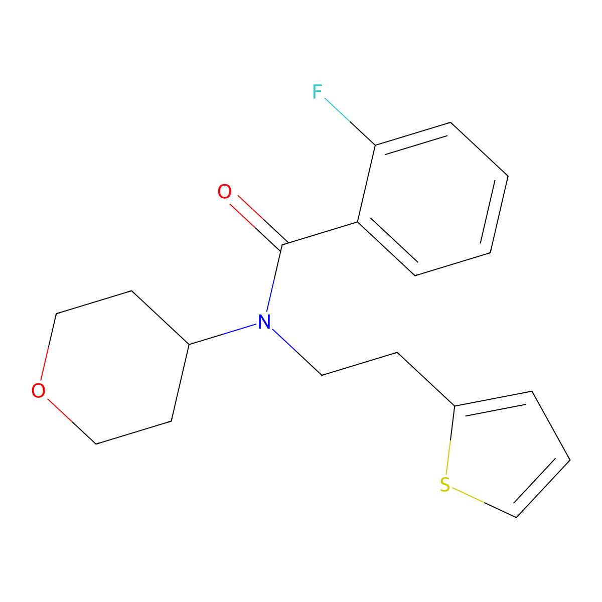 2-fluoro-N-(tetrahydro-2H-pyran-4-yl)-N-(2-(thiophen-2-yl)ethyl)benzamide molecular structure, CAS 1787915-78-9