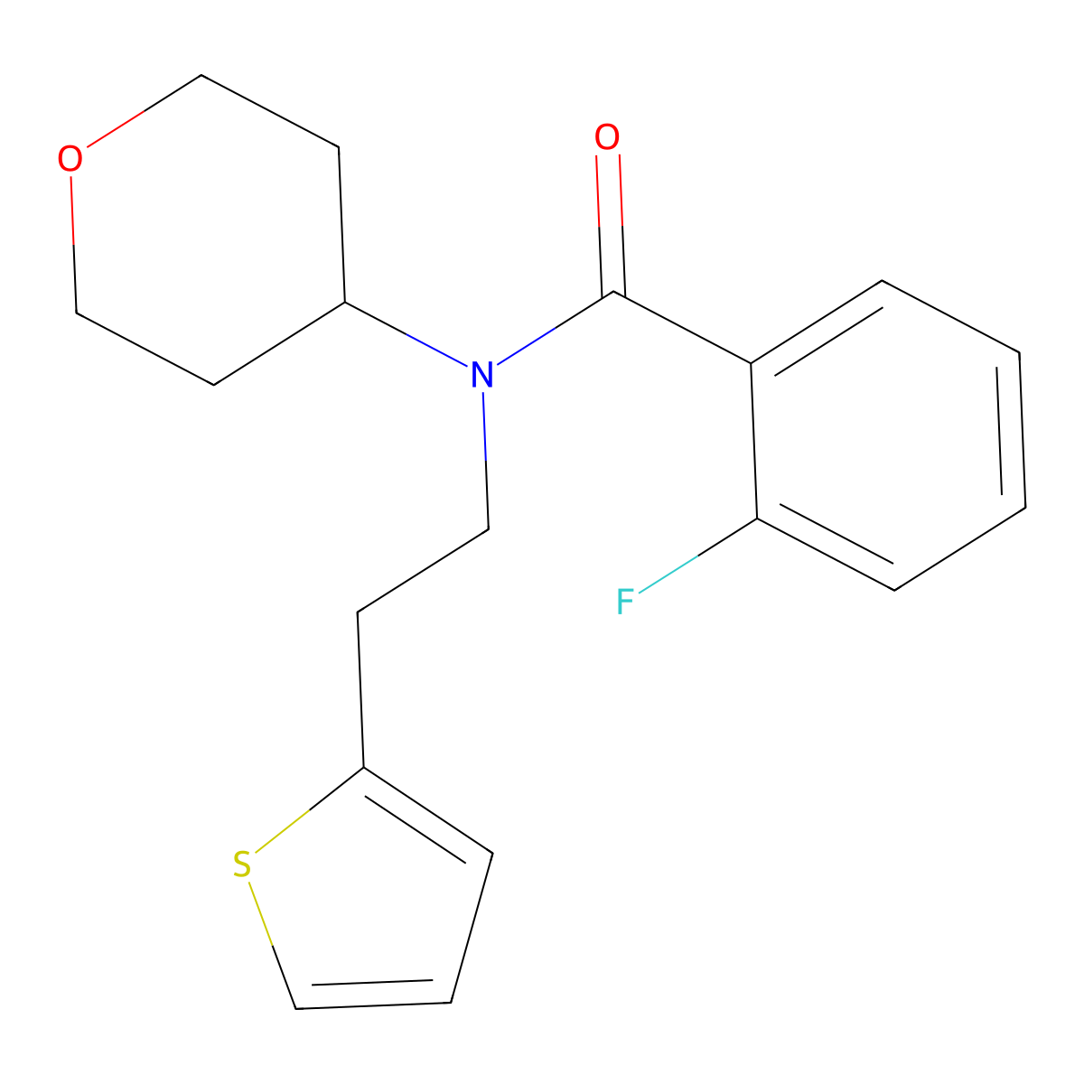 2-fluoro-N-(tetrahydro-2H-pyran-4-yl)-N-(2-(thiophen-2-yl)ethyl)benzamide molecular structure, CAS 1787915-78-9