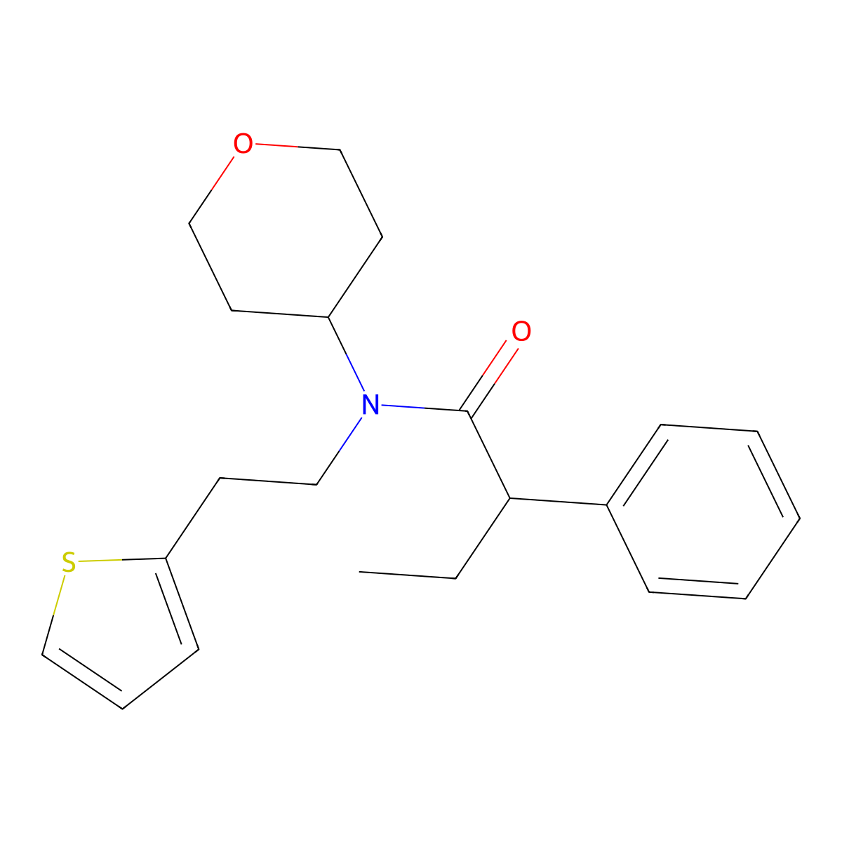 2-phenyl-N-(tetrahydro-2H-pyran-4-yl)-N-(2-(thiophen-2-yl)ethyl)butanamide molecular structure, CAS 1787915-84-7