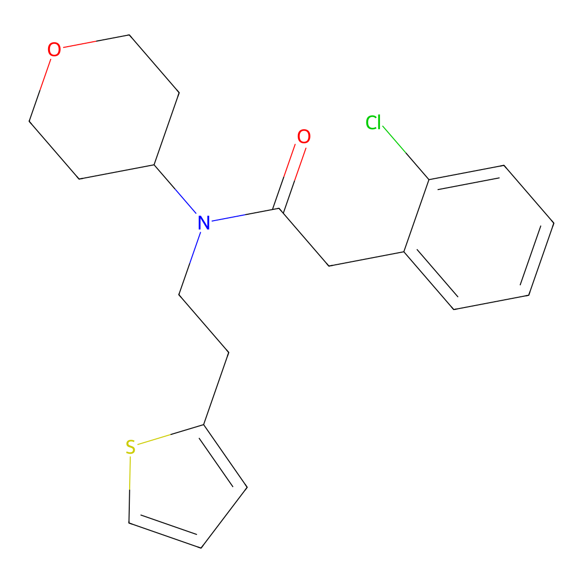 2-(2-chlorophenyl)-N-(tetrahydro-2H-pyran-4-yl)-N-(2-(thiophen-2-yl)ethyl)acetamide molecular structure, CAS 1787916-01-1