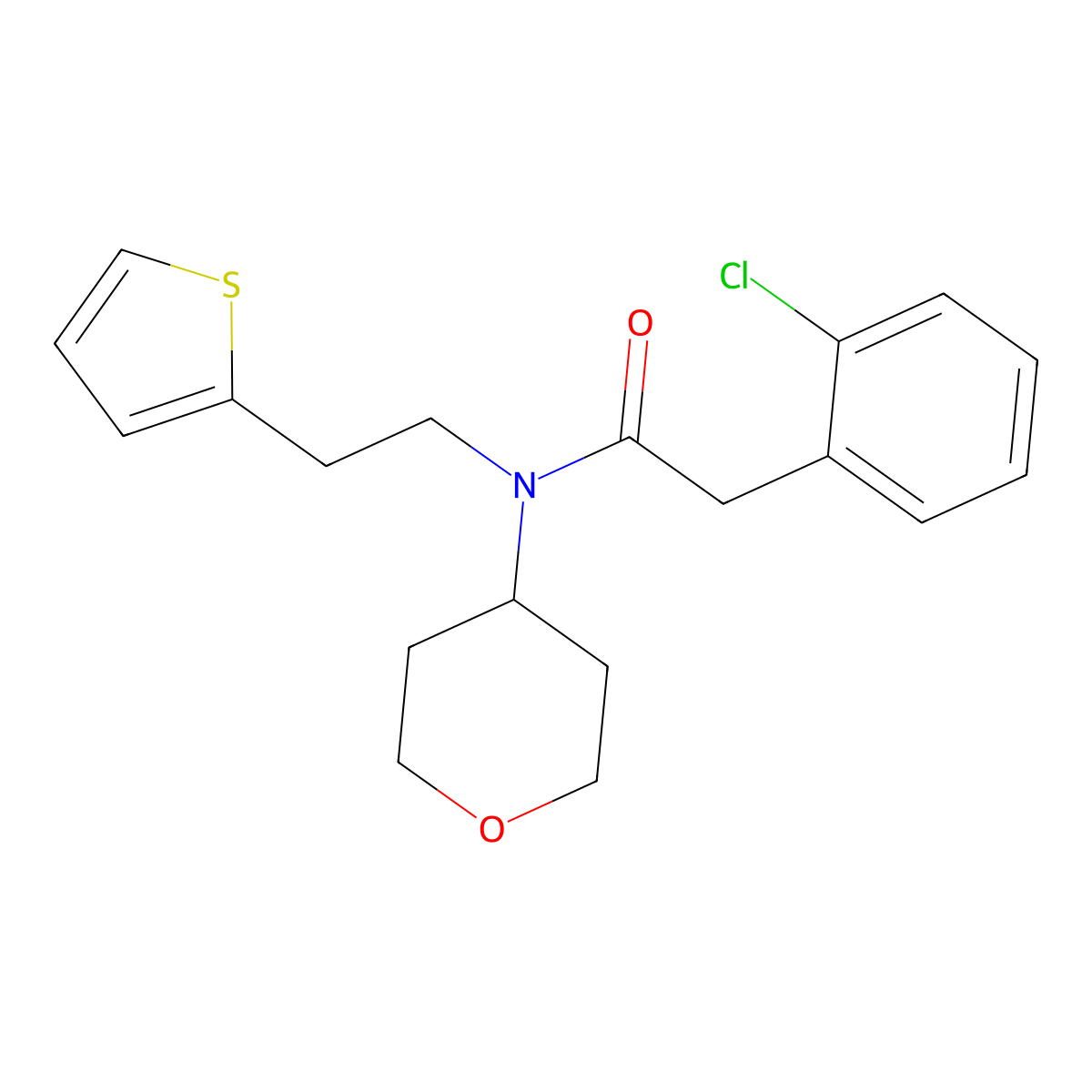 2-(2-chlorophenyl)-N-(tetrahydro-2H-pyran-4-yl)-N-(2-(thiophen-2-yl)ethyl)acetamide molecular structure, CAS 1787916-01-1