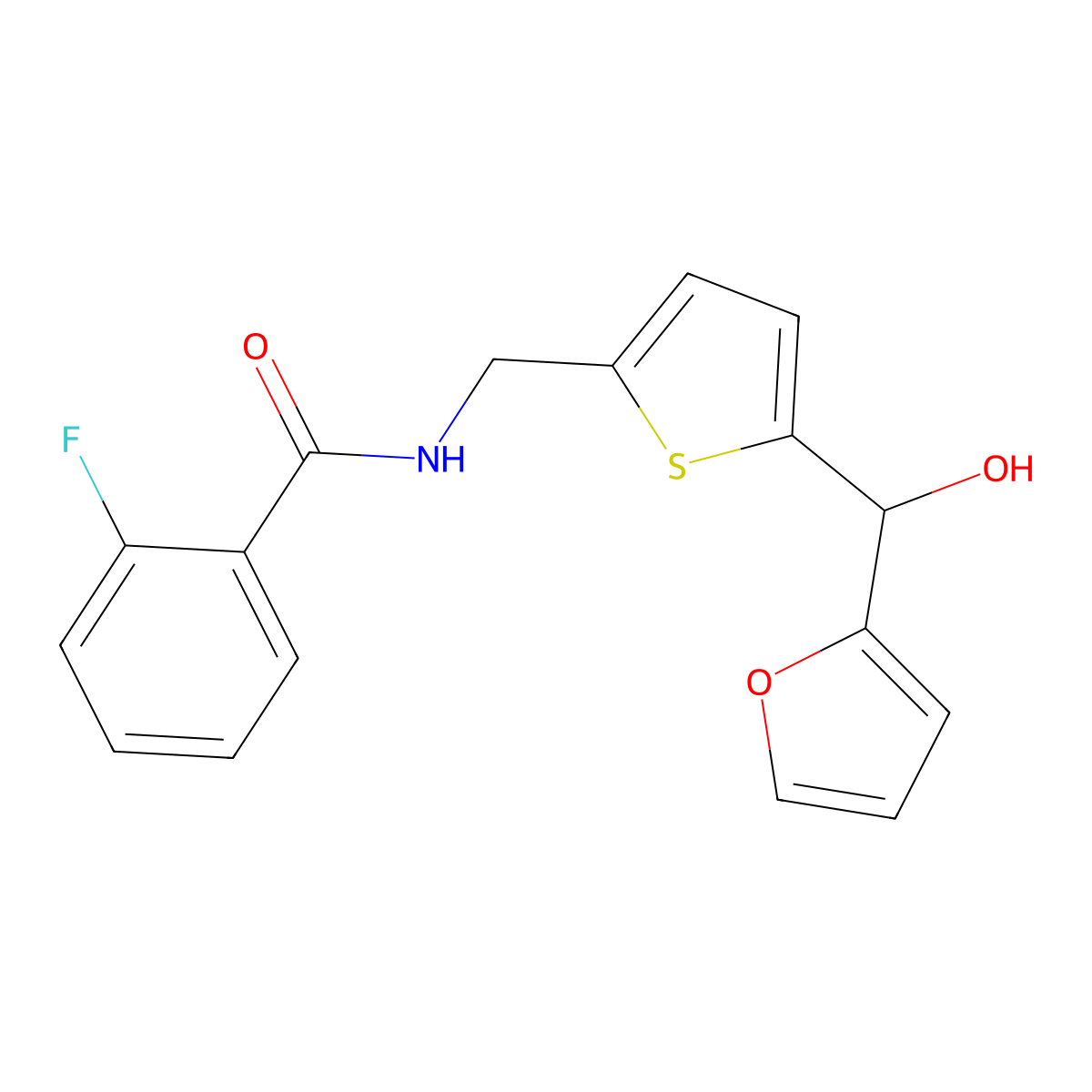 2-fluoro-N-((5-(furan-2-yl(hydroxy)methyl)thiophen-2-yl)methyl)benzamide molecular structure, CAS 1787916-34-0