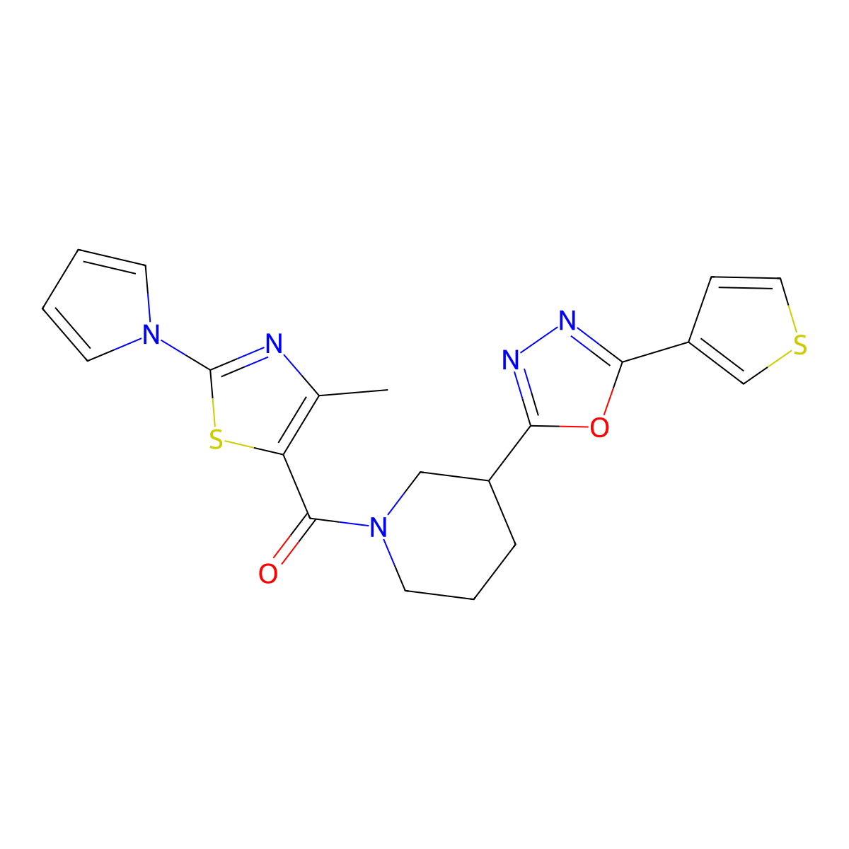 (4-methyl-2-(1H-pyrrol-1-yl)thiazol-5-yl)(3-(5-(thiophen-3-yl)-1,3,4-oxadiazol-2-yl)piperidin-1-yl)methanone molecular structure, CAS 1787917-13-8