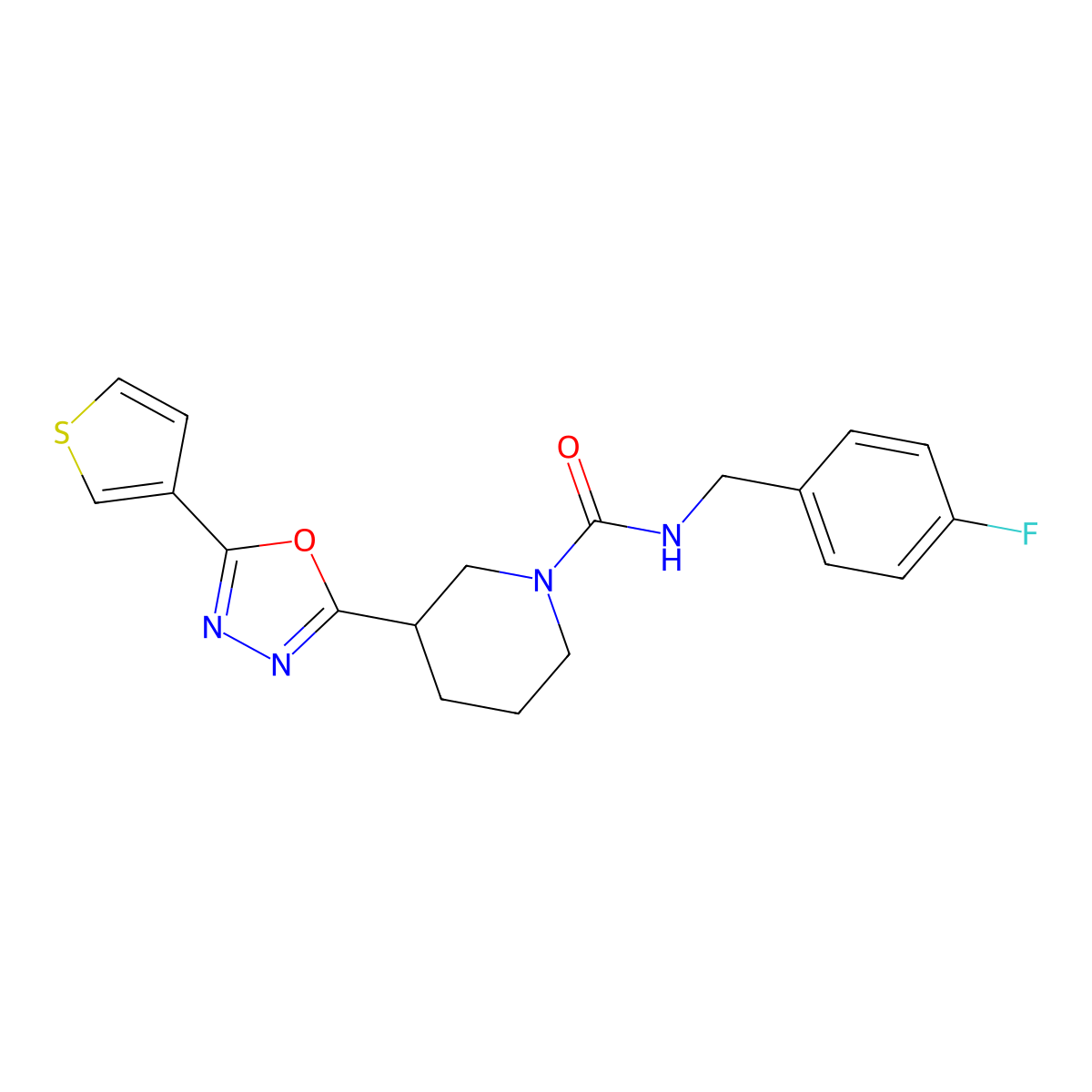 N-(4-fluorobenzyl)-3-(5-(thiophen-3-yl)-1,3,4-oxadiazol-2-yl)piperidine-1-carboxamide molecular structure, CAS 1787917-18-3