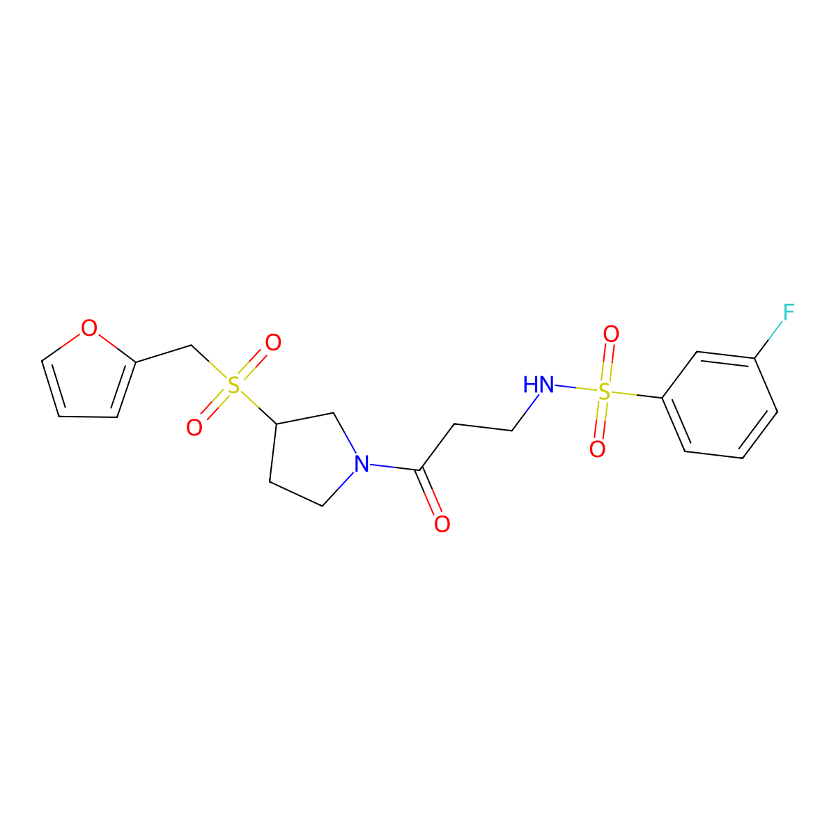 3-fluoro-N-(3-(3-((furan-2-ylmethyl)sulfonyl)pyrrolidin-1-yl)-3-oxopropyl)benzenesulfonamide molecular structure, CAS 1787917-33-2