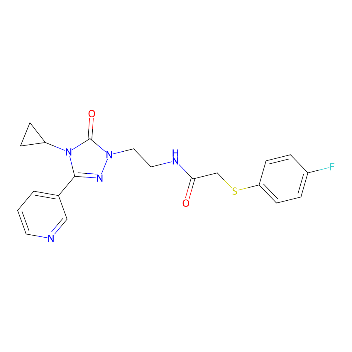 N-(2-(4-cyclopropyl-5-oxo-3-(pyridin-3-yl)-4,5-dihydro-1H-1,2,4-triazol-1-yl)ethyl)-2-((4-fluorophenyl)thio)acetamide molecular structure, CAS 1787917-43-4