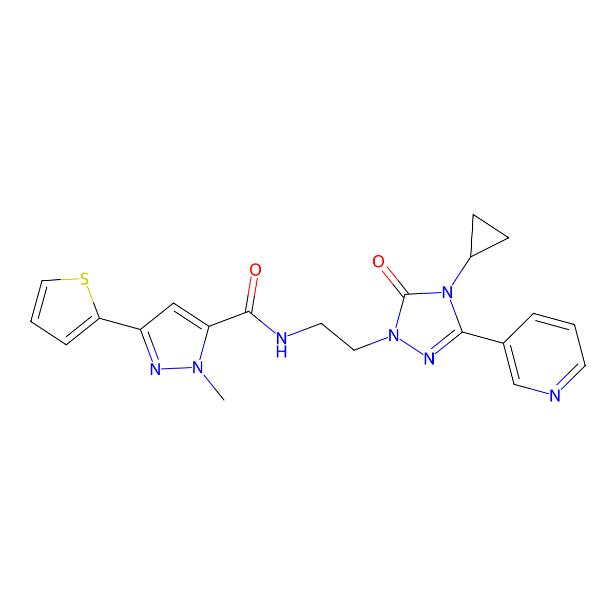 N-{2-[4-cyclopropyl-5-oxo-3-(pyridin-3-yl)-4,5-dihydro-1H-1,2,4-triazol-1-yl]ethyl}-1-methyl-3-(thiophen-2-yl)-1H-pyrazole-5-carboxamide molecular structure, CAS 1787917-50-3