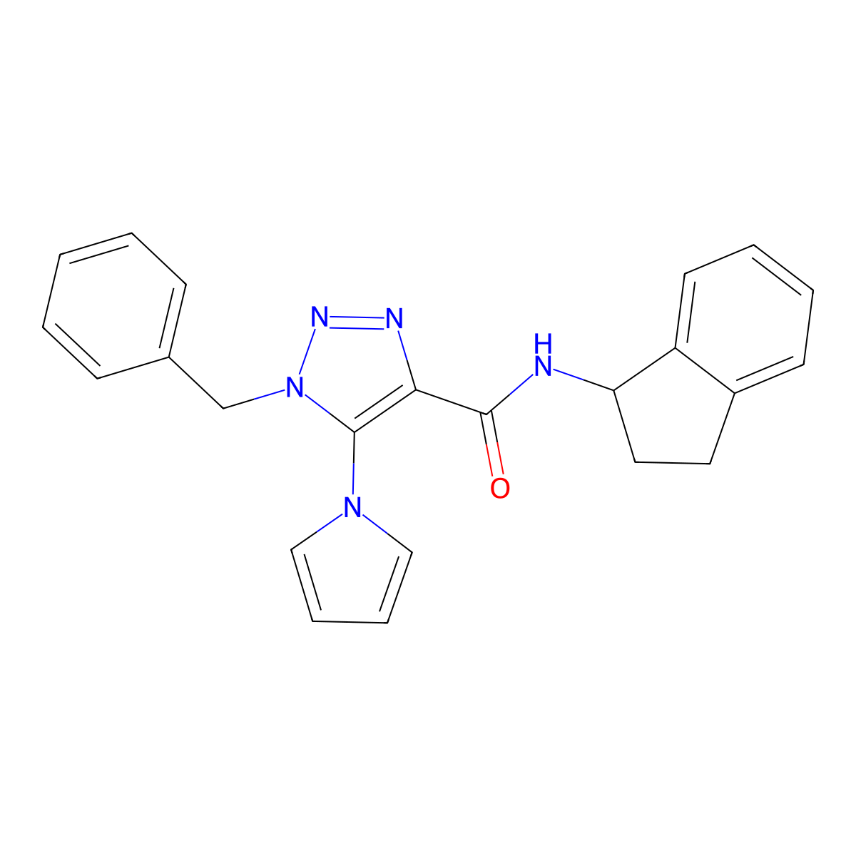 1-benzyl-N-(2,3-dihydro-1H-inden-1-yl)-5-(1H-pyrrol-1-yl)-1H-1,2,3-triazole-4-carboxamide molecular structure, CAS 1787917-62-7